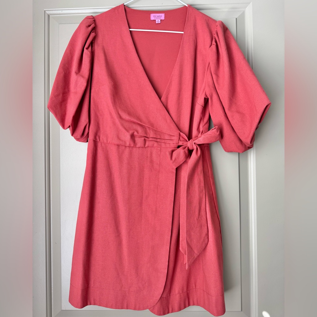 Monique Linen Bow Tie Wrap Mini Dress In Color Rust | Size Small
